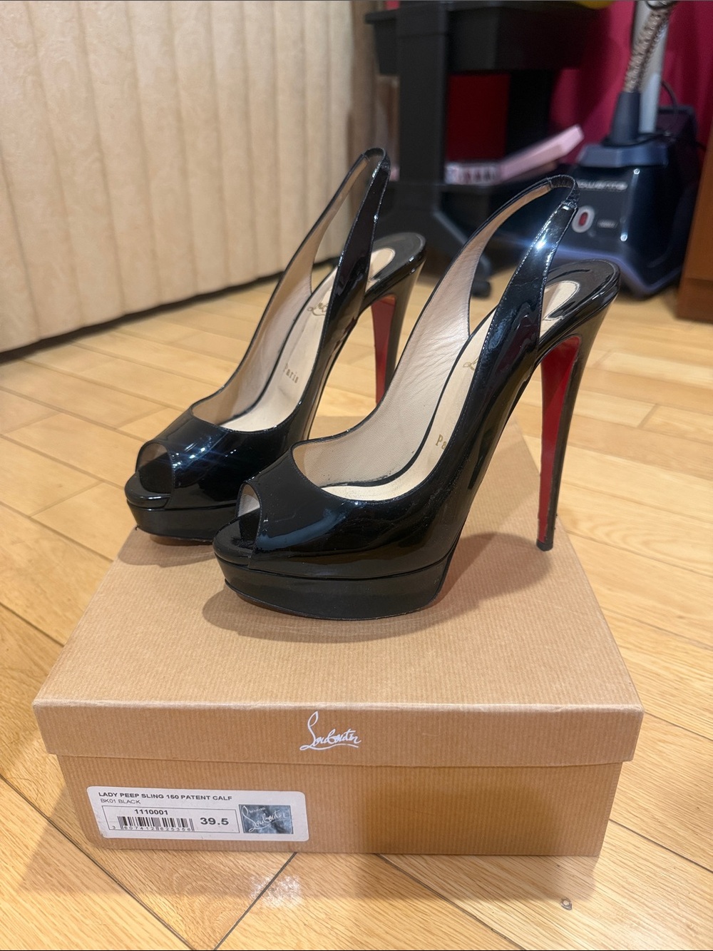 Christian Louboutin Black Patent Peep-Toe Slingback Pumps with Red Soles